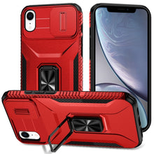 For iPhone XR Case Full Coverage Metal Stand Sliding Lens Cover + Tempered Glass