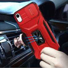 For iPhone XR Case Full Coverage Metal Stand Sliding Lens Cover + Tempered Glass