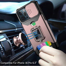 For iPhone 16 Pro 6.3in Case Multi-Use Card Slot Ring Stand + Tempered Glass