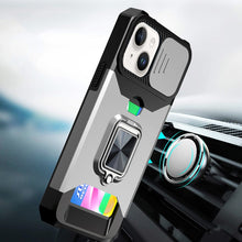 For iPhone 13/14 Case Multi-Use Card Magnetic Ring Stand Cover + Tempered Glass