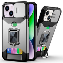 For iPhone 13/14 Case Multi-Use Card Magnetic Ring Stand Cover + Tempered Glass