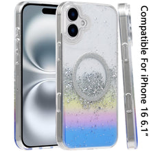 For iPhone 16 6.1inch Case Magnetic Circle Fused Glitter Epoxy + Tempered Glass