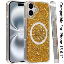 For iPhone 16 6.1inch Case Magnetic Circle Fused Glitter Epoxy + Tempered Glass