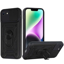 For iPhone 16e Case Sliding Lens Cover with Magnetic Ring Stand + Tempered Glass