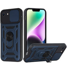 For iPhone 16e Case Sliding Lens Cover with Magnetic Ring Stand + Tempered Glass