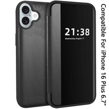 For iPhone 16 Plus 6.7in Case PU Leather View Window Flap Cover + Tempered Glass