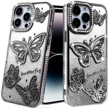 For iPhone 15 Pro Max Case Bling Butterflies 3D Glitter Cover + 2 Tempered Glass