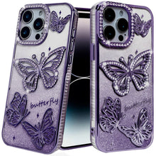 For iPhone 15 Pro Max Case Bling Butterflies 3D Glitter Cover + 2 Tempered Glass
