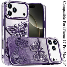 For iPhone 17 Pro Max Case Bling Butterflies 3D Glitter Cover + Tempered Glass