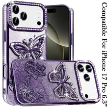 For iPhone 17 PRO Case Bling Butterflies 3D Glitter Phone Cover + Tempered Glass