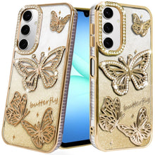 For Samsung A17 5G Case Bling Butterflies 3D Glitter Cover + Tempered Glass