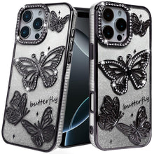 For iPhone 16 PRO MAX Case Bling Butterflies 3D Glitter Cover + Tempered Glass