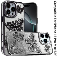 For iPhone 16 PRO MAX Case Bling Butterflies 3D Glitter Cover + Tempered Glass