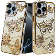For iPhone 16 PRO MAX Case Bling Butterflies 3D Glitter Cover + Tempered Glass