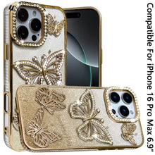 For iPhone 16 PRO MAX Case Bling Butterflies 3D Glitter Cover + Tempered Glass