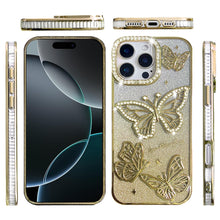 For iPhone 16 PRO MAX Case Bling Butterflies 3D Glitter Cover + Tempered Glass