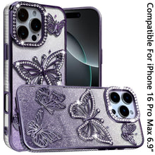 For iPhone 16 PRO MAX Case Bling Butterflies 3D Glitter Cover + Tempered Glass