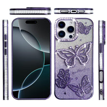 For iPhone 16 PRO MAX Case Bling Butterflies 3D Glitter Cover + Tempered Glass