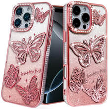 For iPhone 16 PRO MAX Case Bling Butterflies 3D Glitter Cover + Tempered Glass