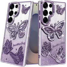 For Samsung S25 Ultra Case Bling Butterflies 3D Glitter Cover + Tempered Glass
