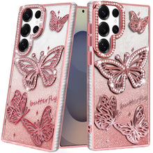 For Samsung S25 Ultra Case Bling Butterflies 3D Glitter Cover + Tempered Glass