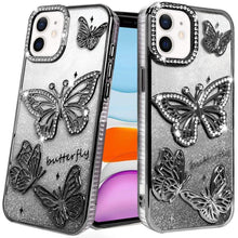 For iPhone 11 6.1 in. Case Bling Butterflies 3D Glitter Cover + Tempered Glass