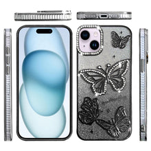For iPhone 15 Case Bling Butterflies 3D Glitter Phone Cover + 2 Tempered Glass
