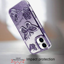 For iPhone 16 6.1inch Case Bling Butterflies 3D Glitter Cover + Tempered Glass