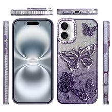 For iPhone 16 6.1inch Case Bling Butterflies 3D Glitter Cover + Tempered Glass