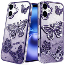 For iPhone 17 Case Bling Butterflies 3D Glitter Phone Cover + Tempered Glass