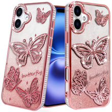 For iPhone 17 Case Bling Butterflies 3D Glitter Phone Cover + Tempered Glass