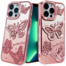 For iPhone 15 Pro Max Case Bling Butterflies 3D Glitter Cover + 2 Tempered Glass