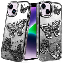 For iPhone 13/14 Case Bling Butterflies 3D Glitter Phone Cover + Tempered Glass