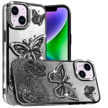 For iPhone 13/14 Case Bling Butterflies 3D Glitter Phone Cover + Tempered Glass