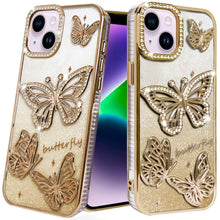 For iPhone 13/14 Case Bling Butterflies 3D Glitter Phone Cover + Tempered Glass