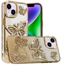 For iPhone 13/14 Case Bling Butterflies 3D Glitter Phone Cover + Tempered Glass
