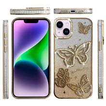 For iPhone 13/14 Case Bling Butterflies 3D Glitter Phone Cover + Tempered Glass