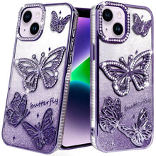 For iPhone 13/14 Case Bling Butterflies 3D Glitter Phone Cover + Tempered Glass