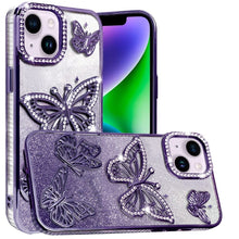 For iPhone 13/14 Case Bling Butterflies 3D Glitter Phone Cover + Tempered Glass