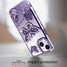 For iPhone 13/14 Case Bling Butterflies 3D Glitter Phone Cover + Tempered Glass