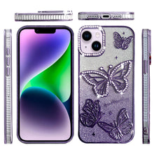 For iPhone 13/14 Case Bling Butterflies 3D Glitter Phone Cover + Tempered Glass