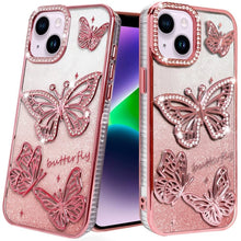 For iPhone 13/14 Case Bling Butterflies 3D Glitter Phone Cover + Tempered Glass