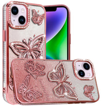 For iPhone 13/14 Case Bling Butterflies 3D Glitter Phone Cover + Tempered Glass