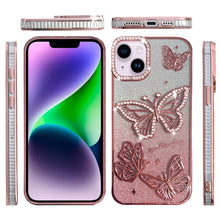 For iPhone 13/14 Case Bling Butterflies 3D Glitter Phone Cover + Tempered Glass