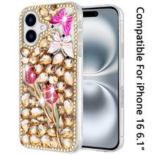 For iPhone 16 6.1inch Case Full Bling Rhinestones Phone Cover + Tempered Glass