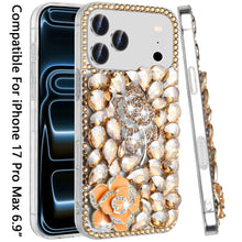 For iPhone 17 Pro Max Case Full Bling Faux Diamond 3D Rose Jewel +Tempered Glass