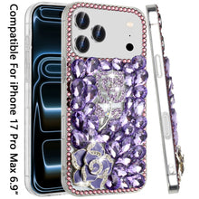 For iPhone 17 Pro Max Case Full Bling Faux Diamond 3D Rose Jewel +Tempered Glass