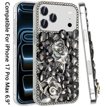 For iPhone 17 Pro Max Case Full Bling Faux Diamond 3D Rose Jewel +Tempered Glass