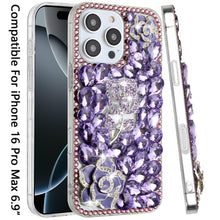 For iPhone 16 PRO MAX Case Full Bling Faux Diamond 3D Rose Cover +Tempered Glass