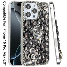 For iPhone 16 PRO MAX Case Full Bling Faux Diamond 3D Rose Cover +Tempered Glass